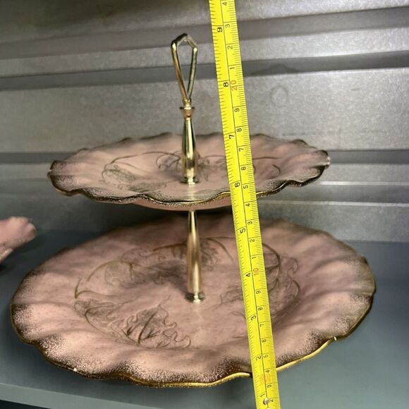 VTG California Pottery #719 Pink Leaf Dish Gold Trim + MCM Pink Gold 2 Tier Tray - Picture 13 of 16